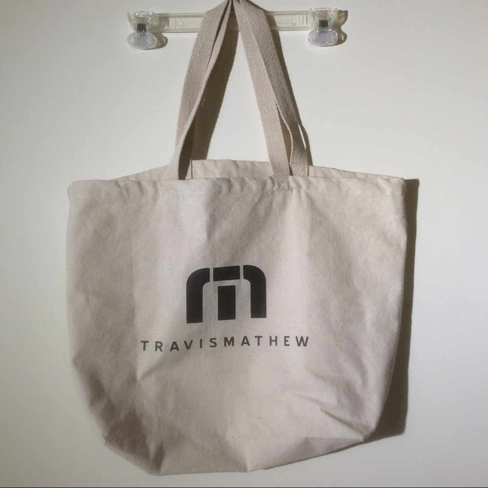 Travis Matthew Canvas Tote Beige Blue Logo Reusable Packable Shopping Travel Bag